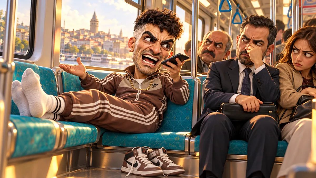 Metroda ayakkabılarını çıkarıp ayaklarını karşı koltuğa uzatan ve telefonda yüksek sesle konuşan Hırt